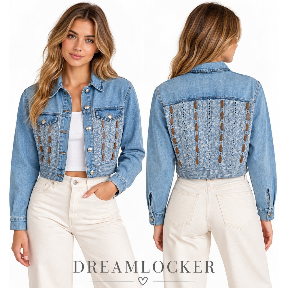 Cache Cropped Denim Jacket Vintage 90s Y2K Knit Panel Suede Ribbon Boho Festival